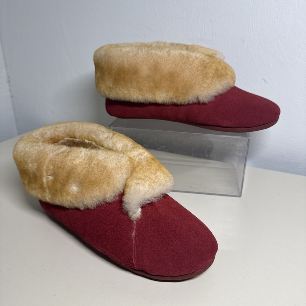 RJS Fuzzies Fold Down Ankle Bootie Slippers Red Suede Sheepskin Womens Size 8